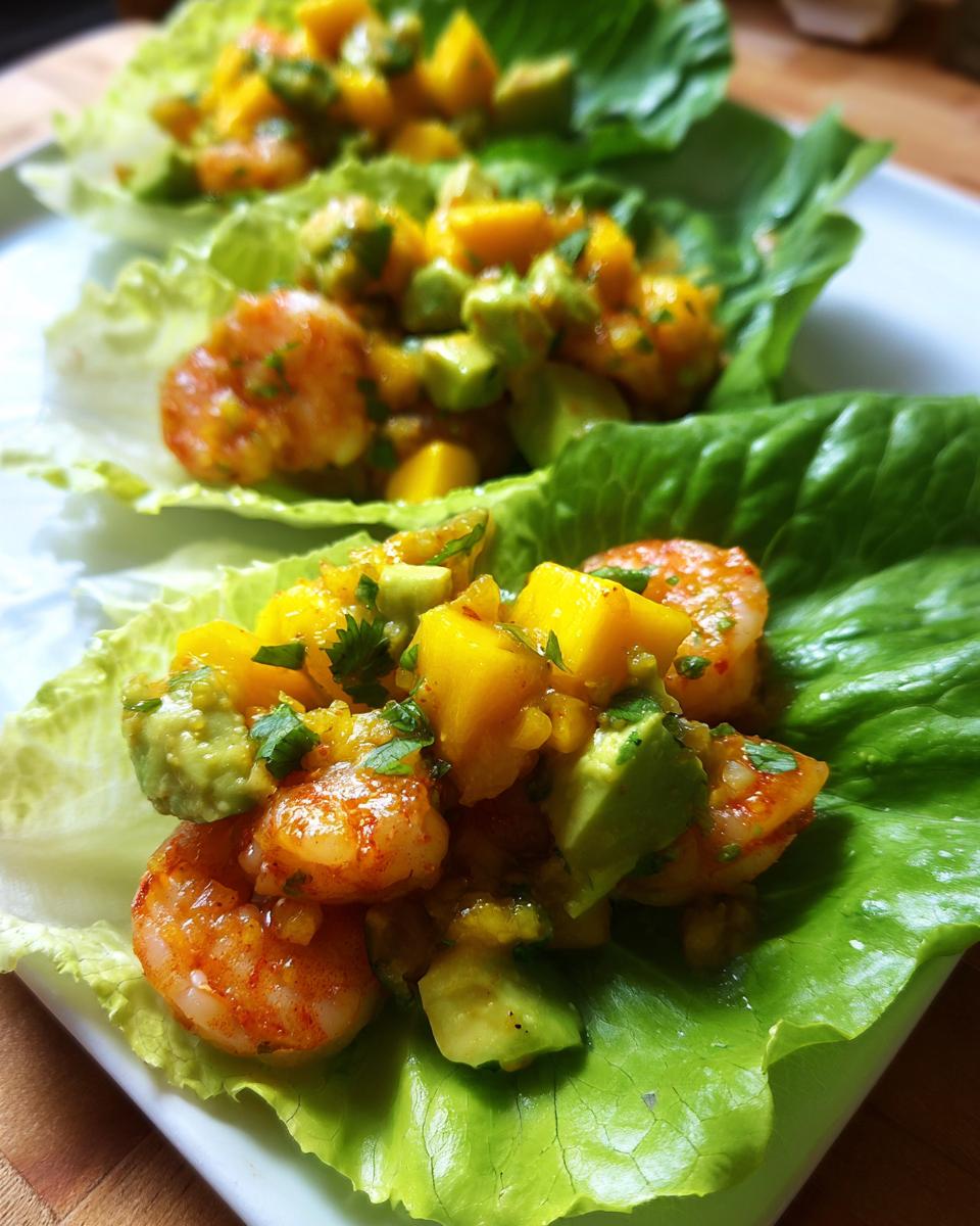 Close-up of Avocado Mango Shrimp Lettuce Wraps, a fresh and healthy appetizer.