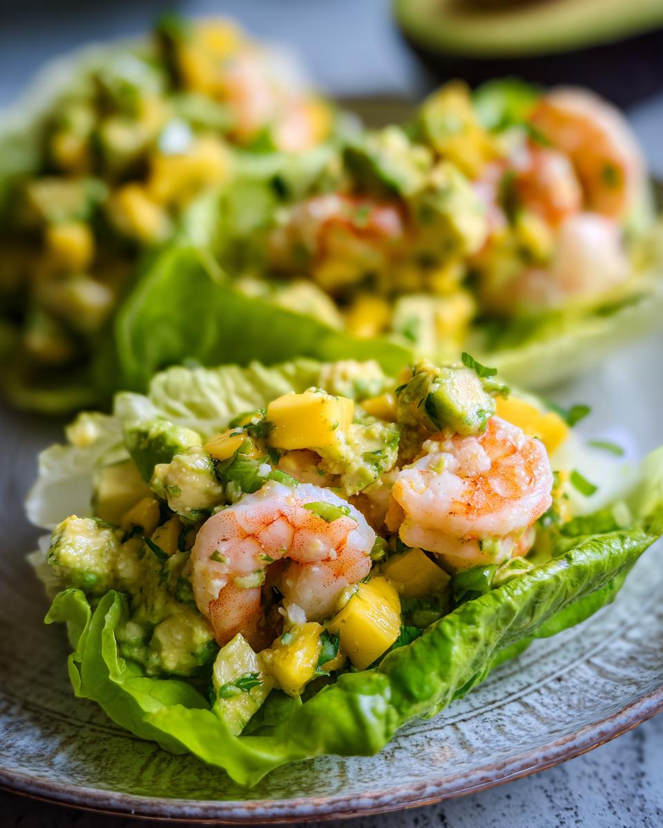 Close-up of Avocado Mango Shrimp Lettuce Wraps, a refreshing and healthy dish.