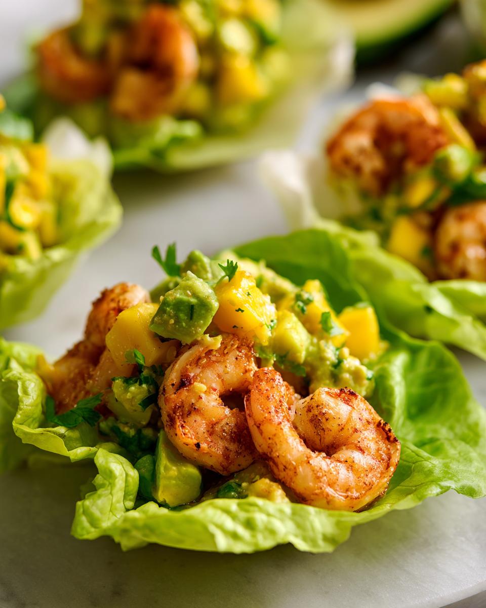 Close-up of Avocado Mango Shrimp Lettuce Wraps, showing shrimp, avocado, and mango in lettuce cups.