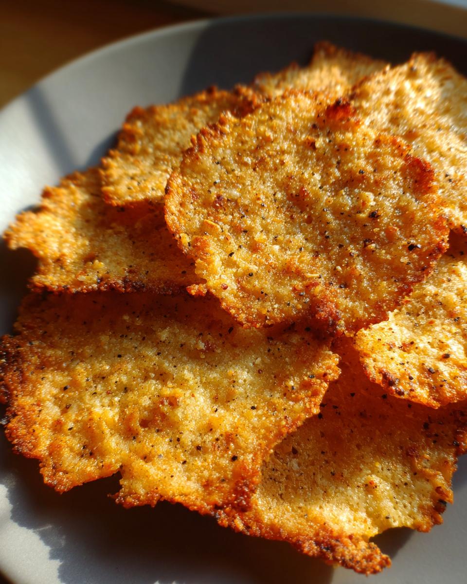 Close-up of crispy Baked Apple Cinnamon Oat Chips on a plate, showing texture and golden color.