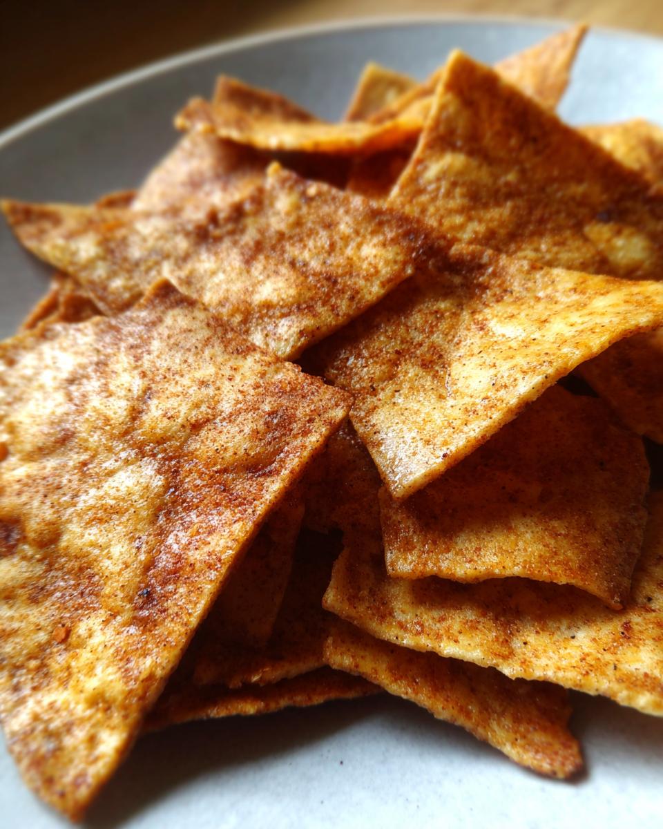 Close-up of crispy Baked Apple Cinnamon Oat Chips, seasoned with cinnamon, on a plate.