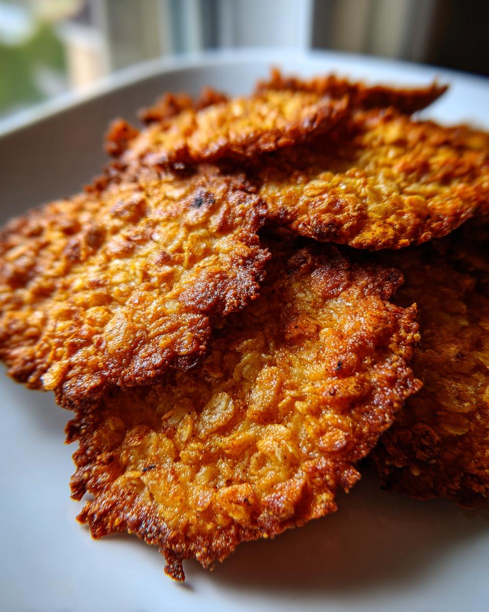 Close-up of crispy Baked Apple Cinnamon Oat Chips on a white plate.