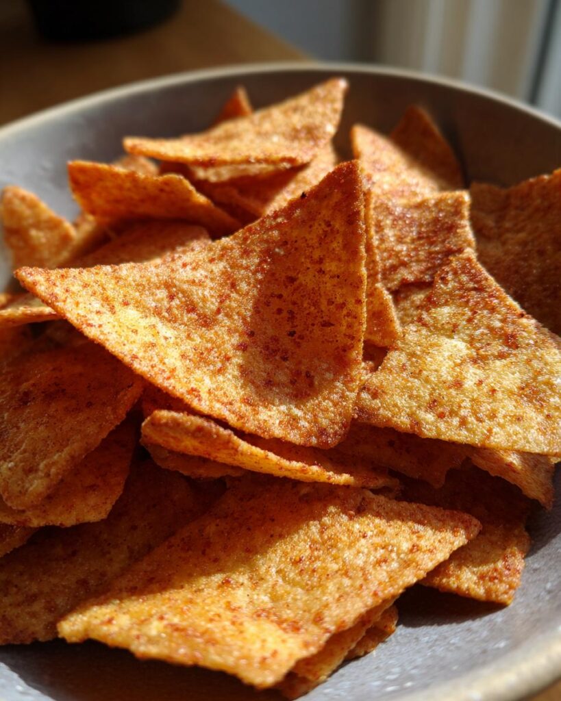 Close-up of a bowl filled with delicious Baked Apple Cinnamon Oat Chips, a healthy snack.