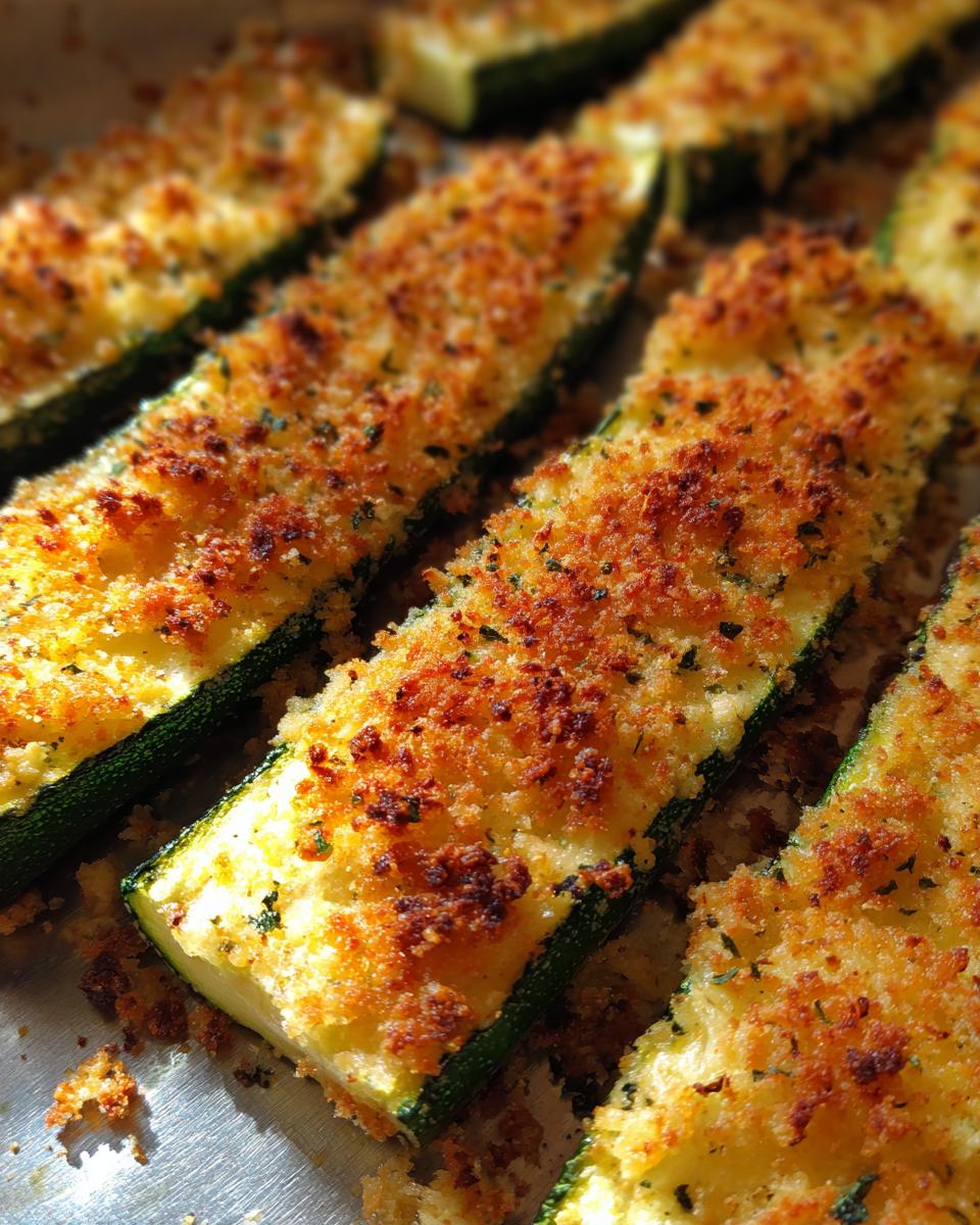 Close-up of golden brown Baked Parmesan Zucchini on a baking sheet.
