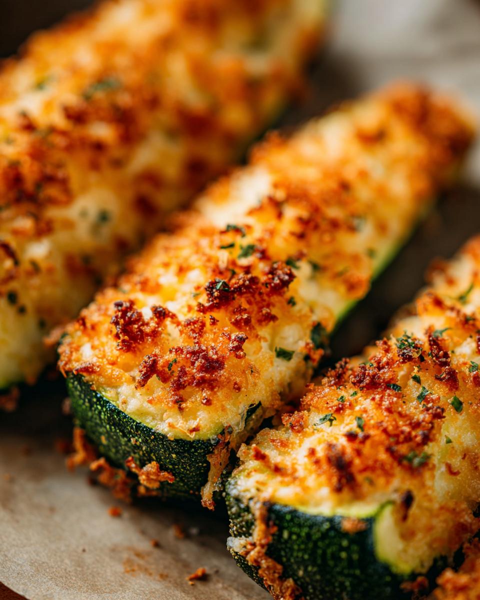 Close-up of golden-brown Baked Parmesan Zucchini, showing the crispy parmesan topping and tender zucchini.