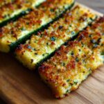 Close-up of baked Parmesan zucchini slices on a wooden board. The zucchini is topped with breadcrumbs and herbs.