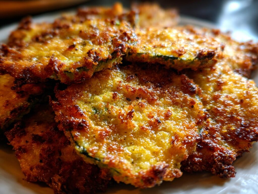 Close-up of crispy, golden-brown Baked Parmesan Zucchini slices, a delicious side dish.