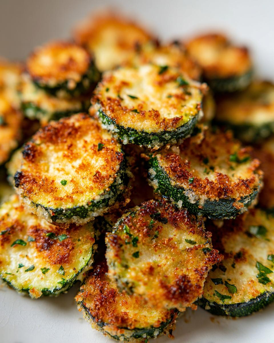 Close-up of crispy baked parmesan zucchini slices, golden brown and delicious.