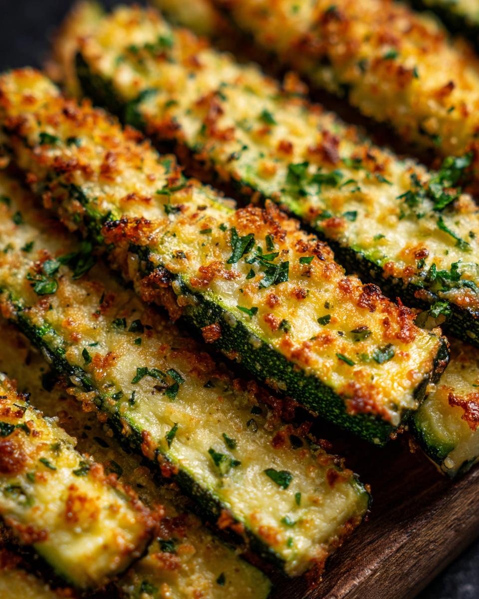 Close-up of crispy Baked Parmesan Zucchini sticks, garnished with parsley, on a wooden board.