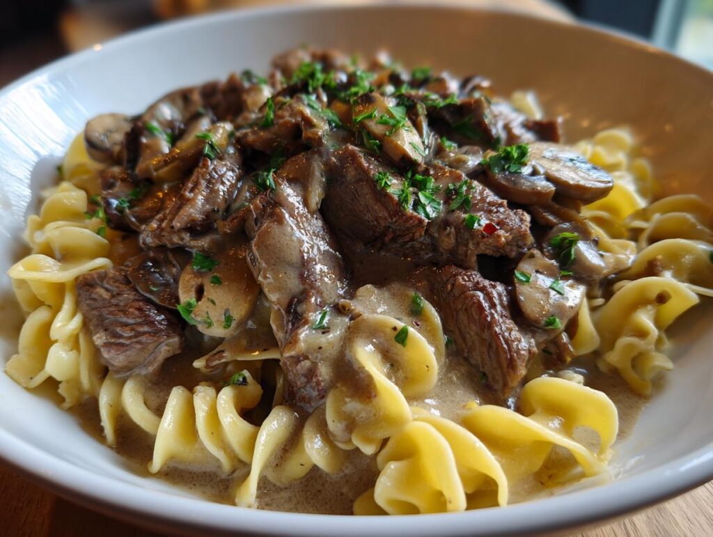 Close-up of Classic Beef Stroganoff with Egg Noodles, featuring tender beef, mushrooms, and creamy sauce.