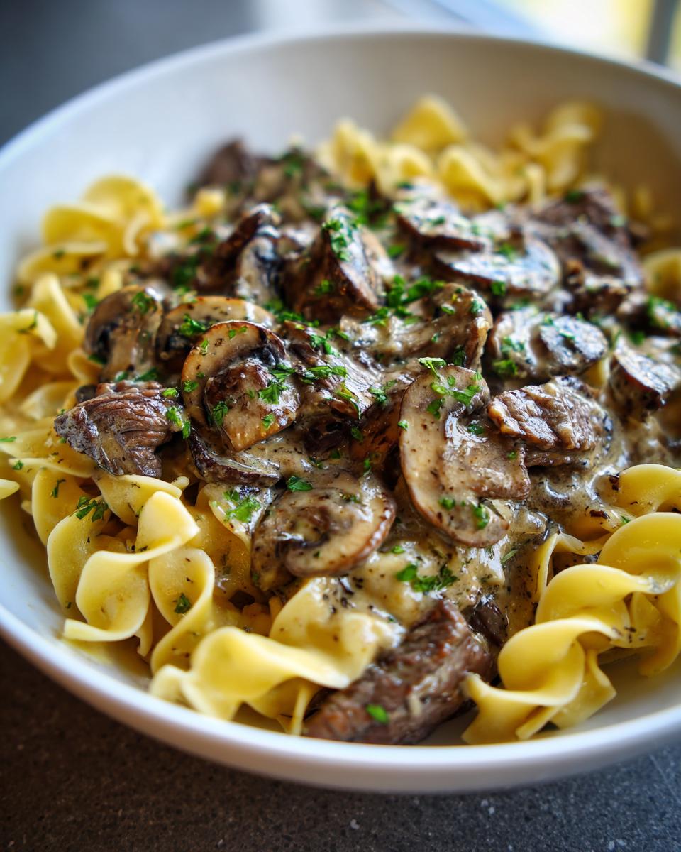Close-up of Classic Beef Stroganoff with Egg Noodles in a white bowl, garnished with parsley.