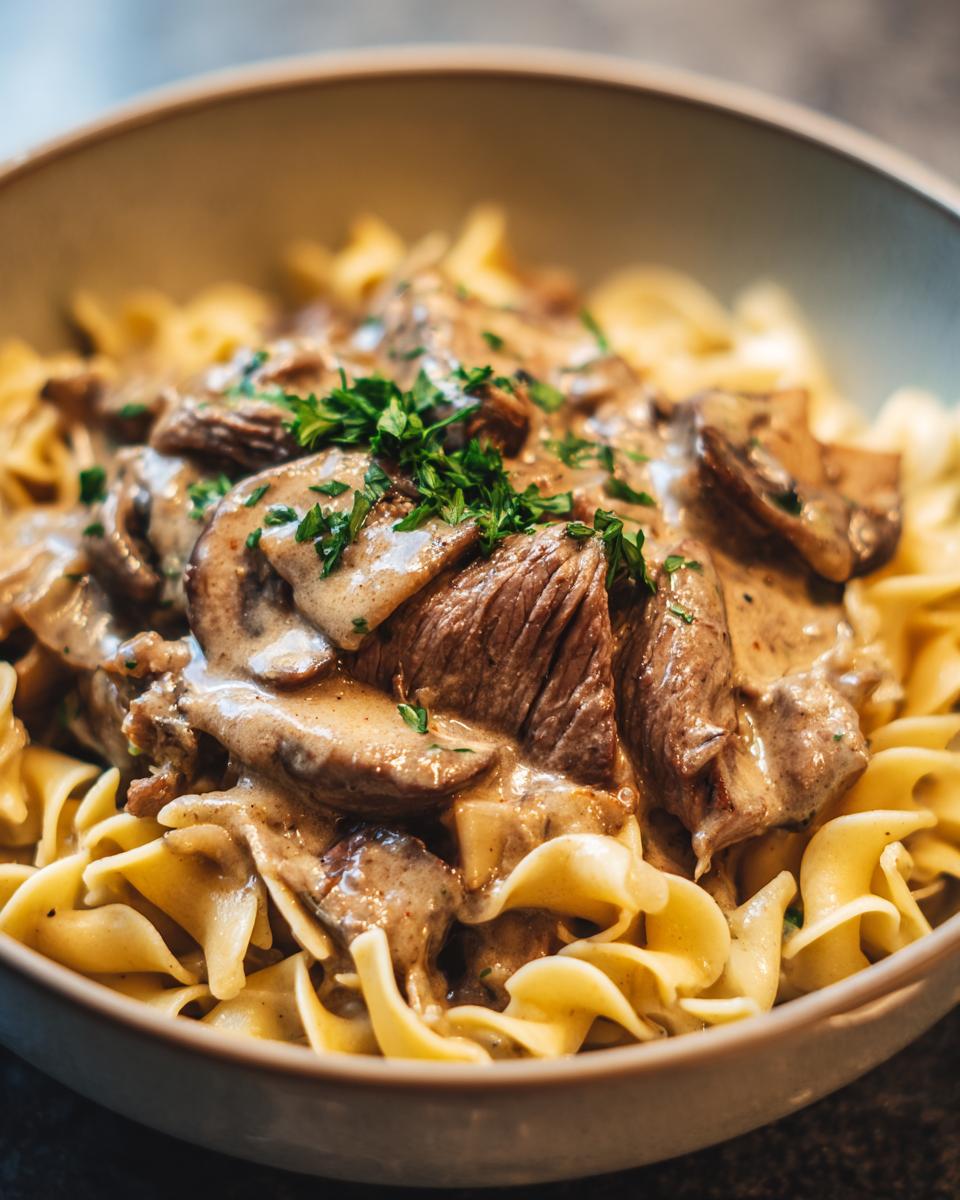 Close-up of Classic Beef Stroganoff with Egg Noodles in a bowl, showing beef, mushrooms, and creamy sauce.