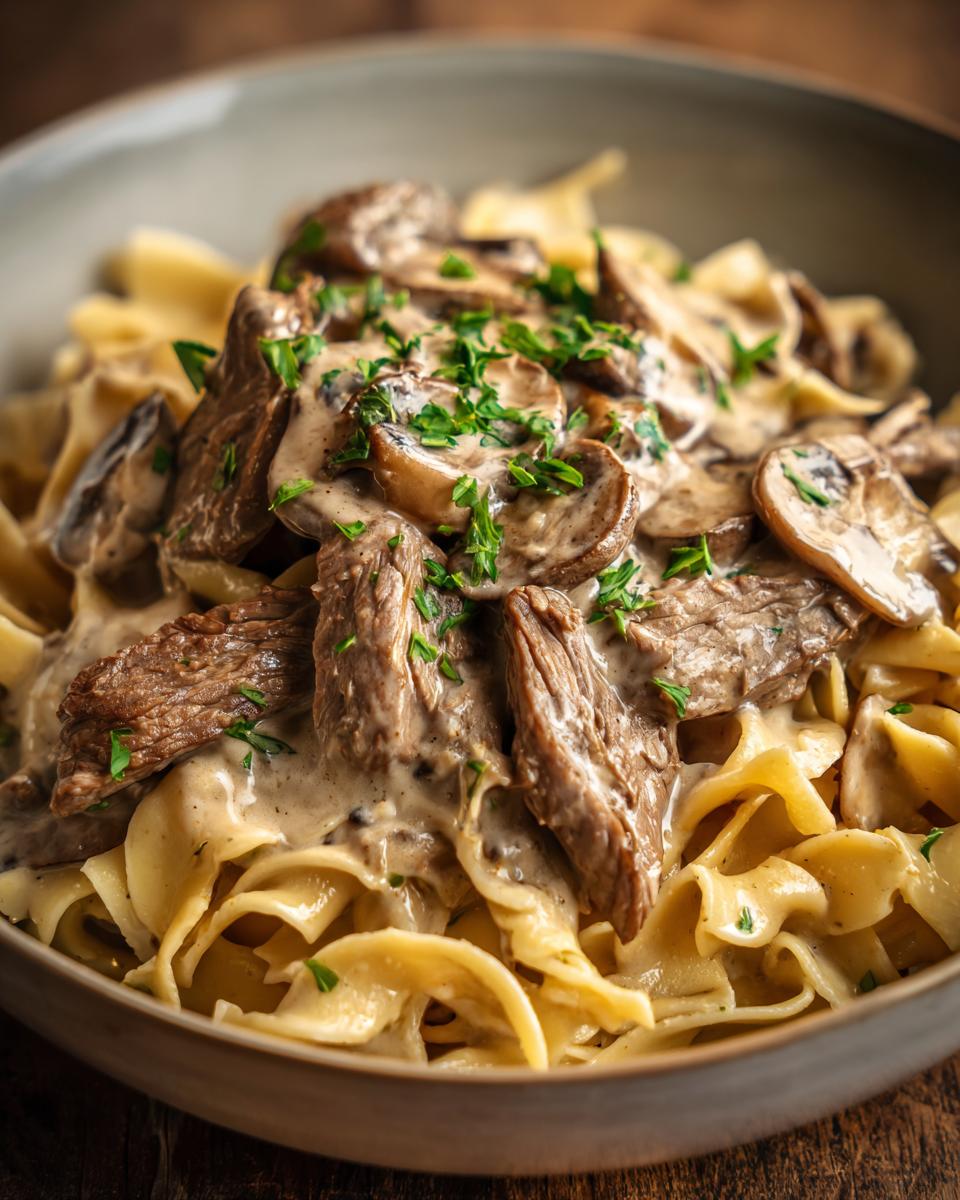 Close-up of Classic Beef Stroganoff with Egg Noodles in a bowl, showing beef, mushrooms, and creamy sauce.