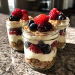 Close-up of three Berry Cheesecake Parfait Jars layered with berries, cream, and crumble.