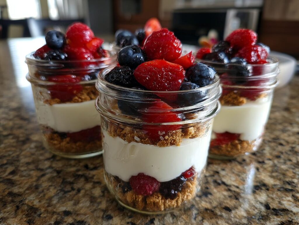 Close-up of three Berry Cheesecake Parfait Jars layered with graham cracker, cream, and berries.