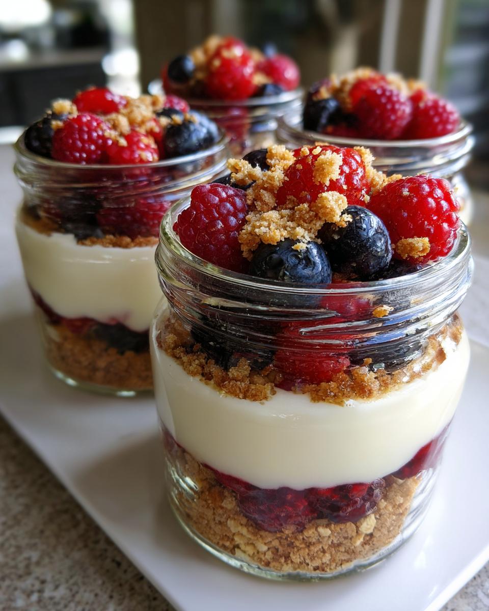 Close-up of layered Berry Cheesecake Parfait Jars with fresh berries and crumble topping.