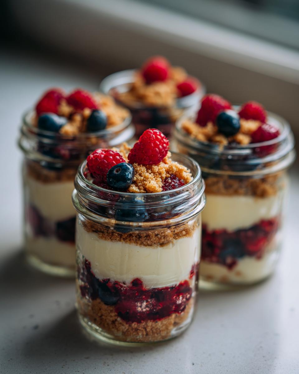 Close-up of four Berry Cheesecake Parfait Jars layered with berries, cream, and crumble.