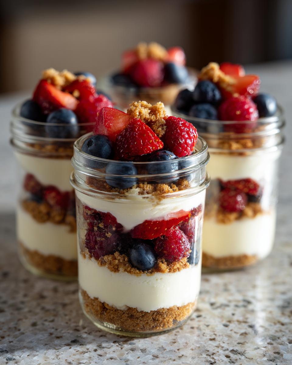 Close-up of several Berry Cheesecake Parfait Jars layered with berries, cream, and crumbs.