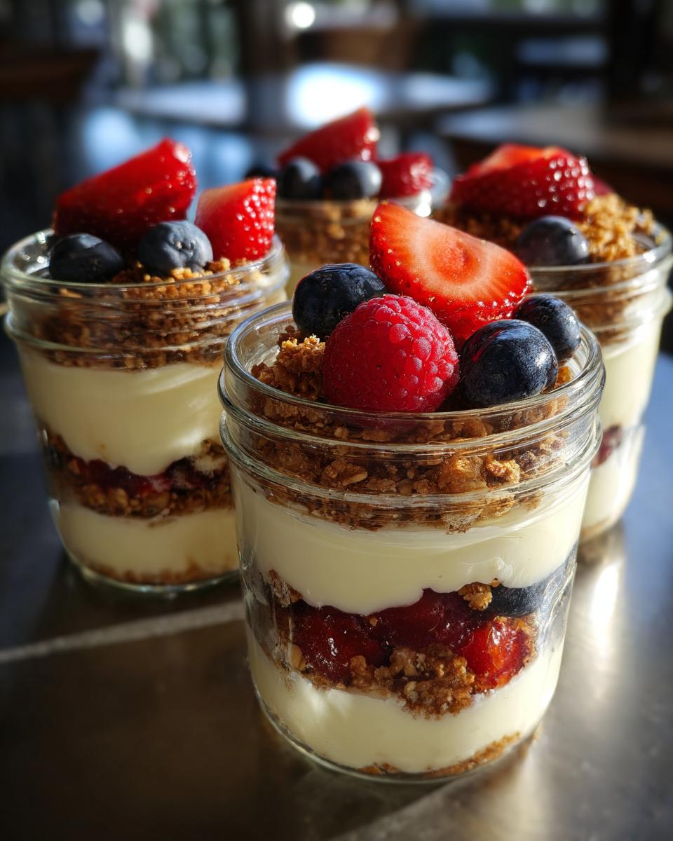 Close-up of several Berry Cheesecake Parfait Jars layered with cream, berries, and crumble.