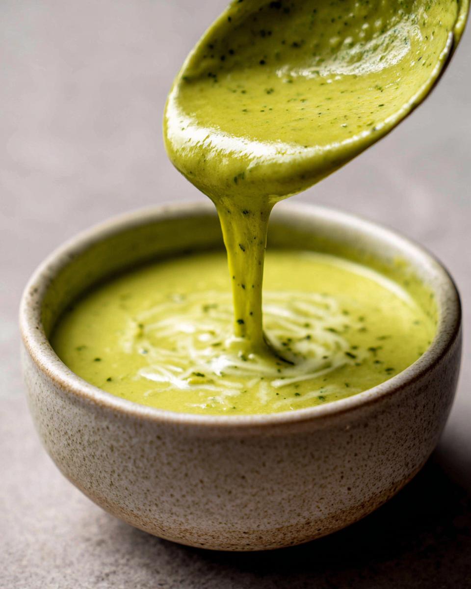 Broccoli Cheddar Soup being poured from a spoon into a bowl. The healthy Broccoli Cheddar Soup is creamy and green.
