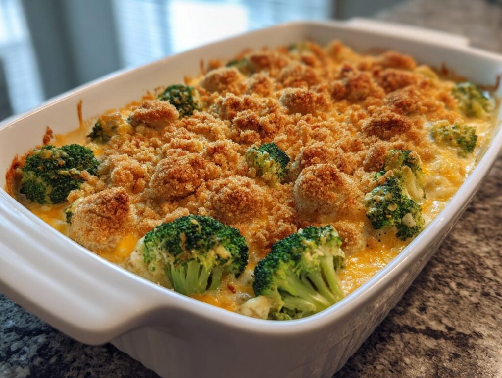 Close-up of a baked Broccoli Cheese Casserole in a white baking dish, showing broccoli florets and a cheesy topping.
