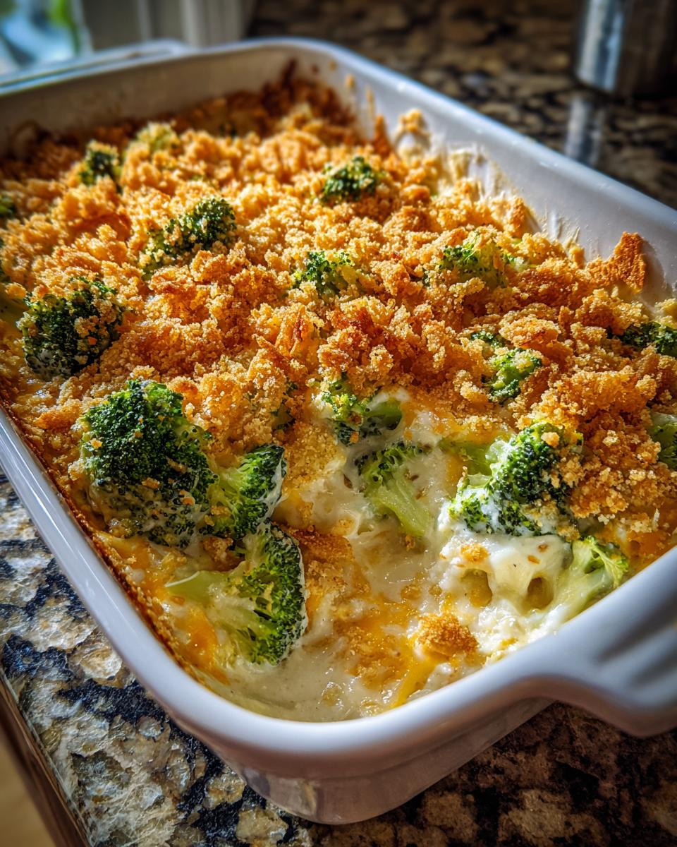 Overhead shot of a baked Broccoli Cheese Casserole in a white baking dish, ready to serve.