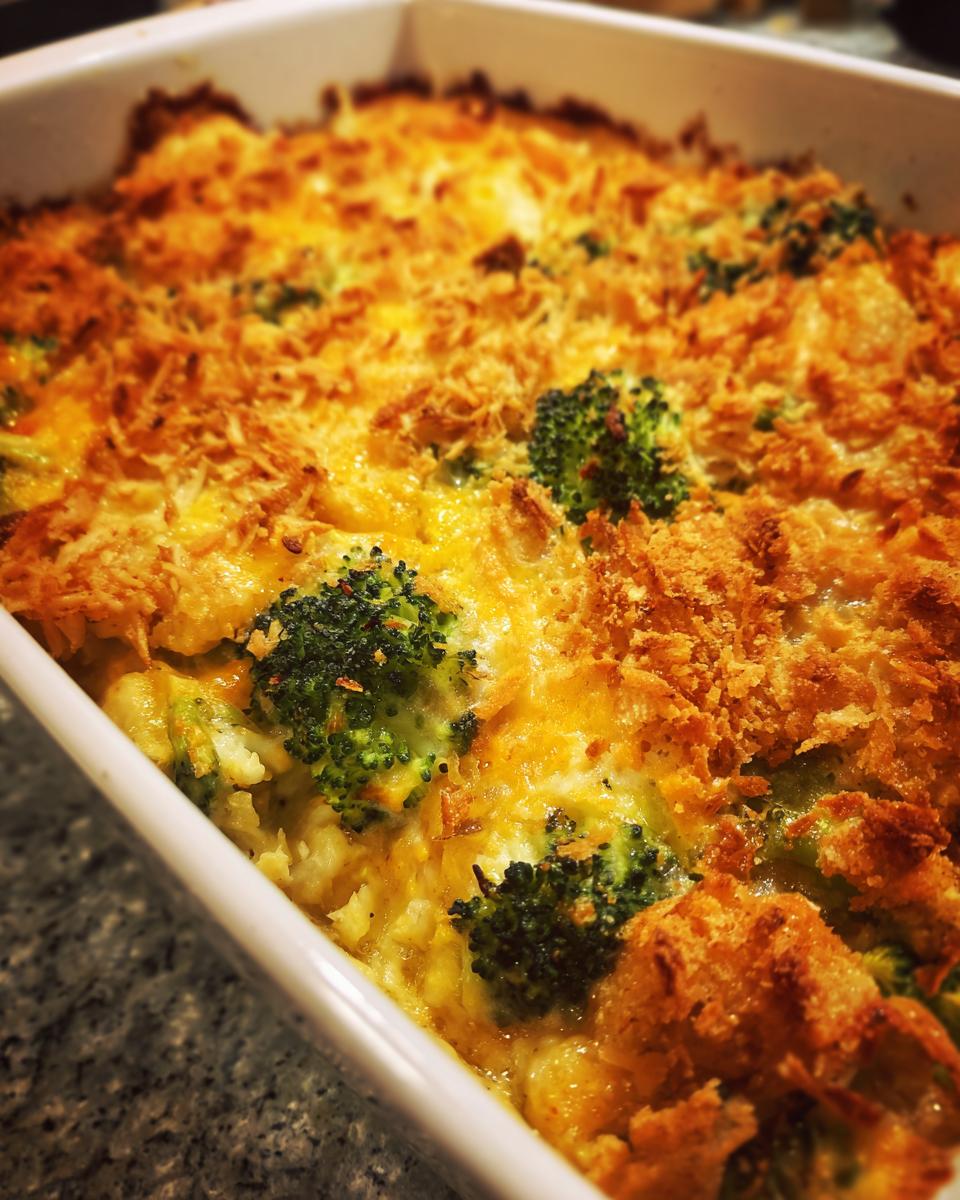 Close-up of a freshly baked Broccoli Cheese Casserole in a white baking dish.