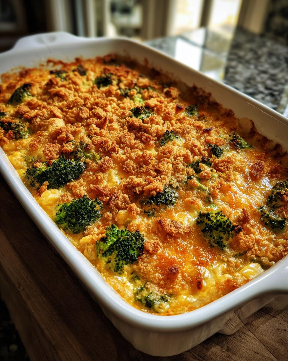 Overhead shot of a baked Broccoli Cheese Casserole in a white baking dish, ready to serve.