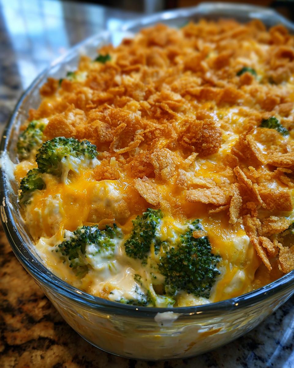 Close-up of a freshly baked broccoli cheese casserole in a glass dish, topped with crispy topping.