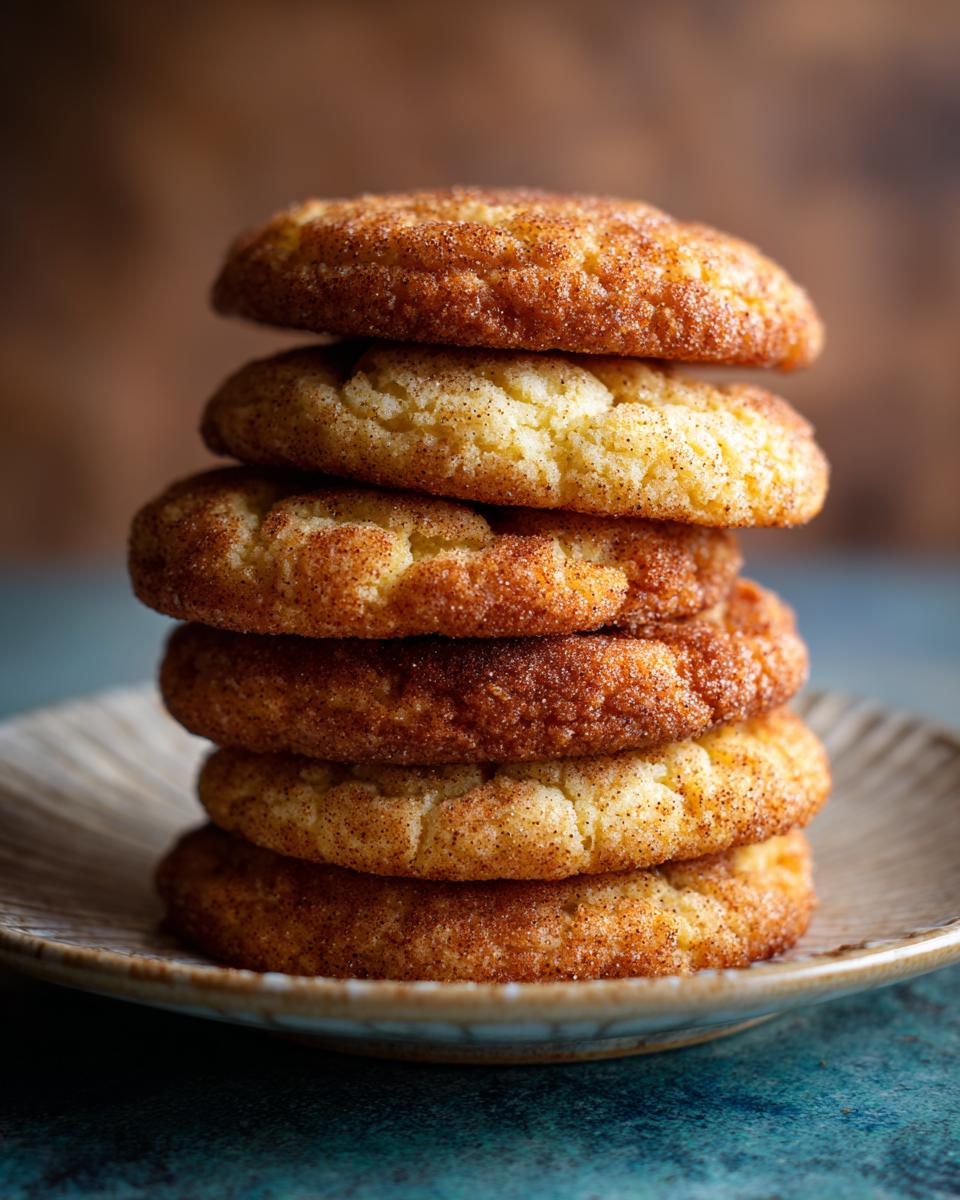 Stack of freshly baked Brown Butter Snickerdoodle Christmas Cookies on a plate, close-up.