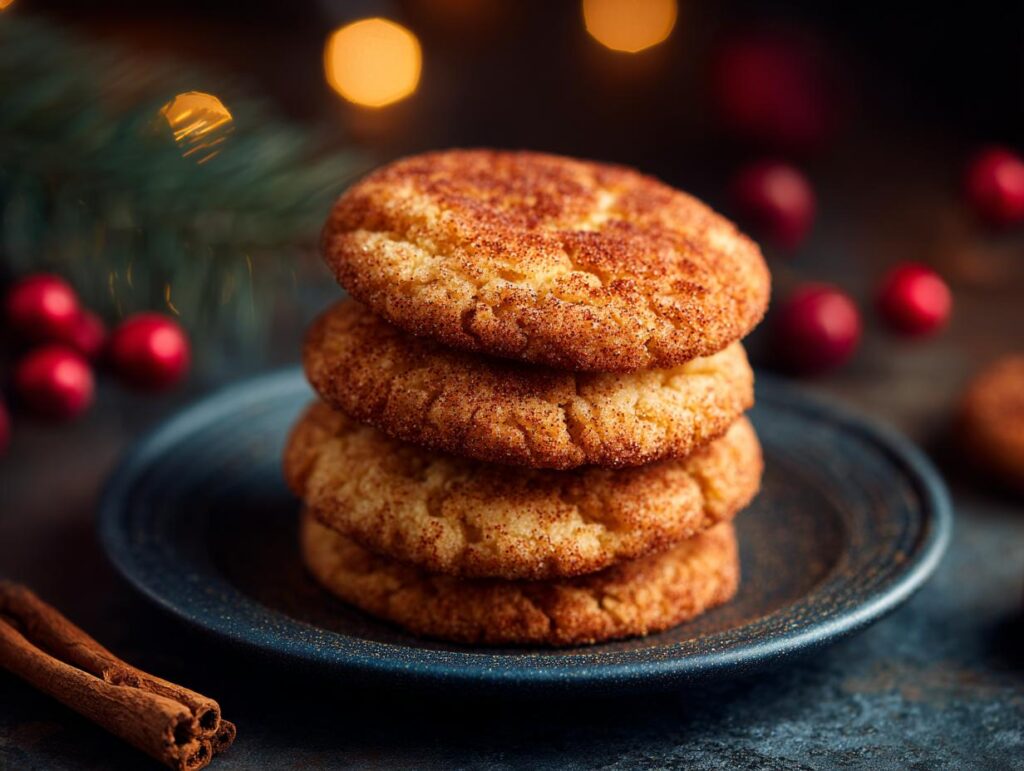 A stack of delicious Brown Butter Snickerdoodle Christmas Cookies on a plate, perfect for the holidays.