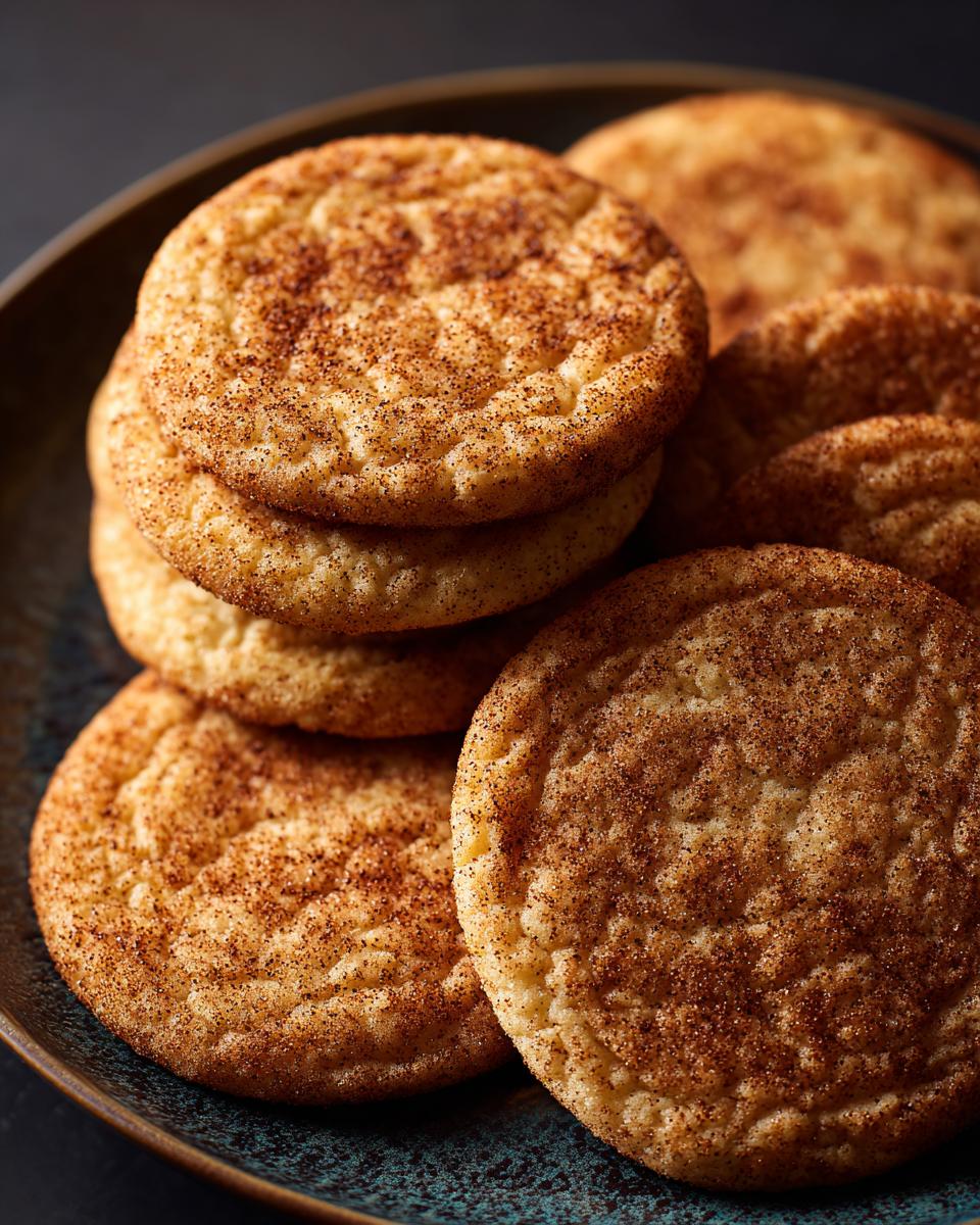 Close-up of a stack of Brown Butter Snickerdoodle Christmas Cookies on a plate, with cinnamon sugar.