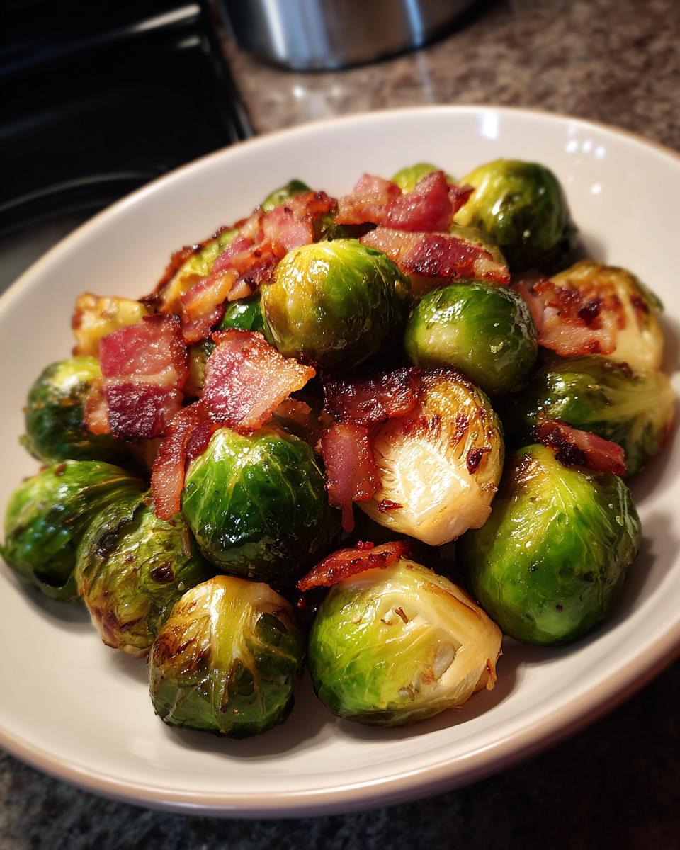 A bowl of delicious roasted Brussels Sprouts with Bacon, a quick and easy side dish.