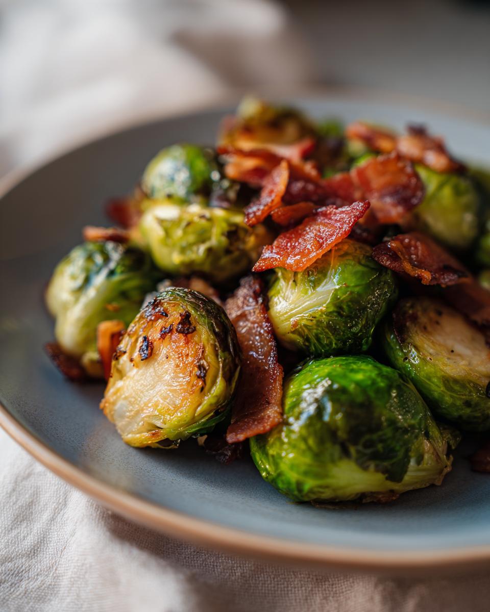 Close-up of roasted Brussels Sprouts with Bacon on a plate, a delicious side dish.