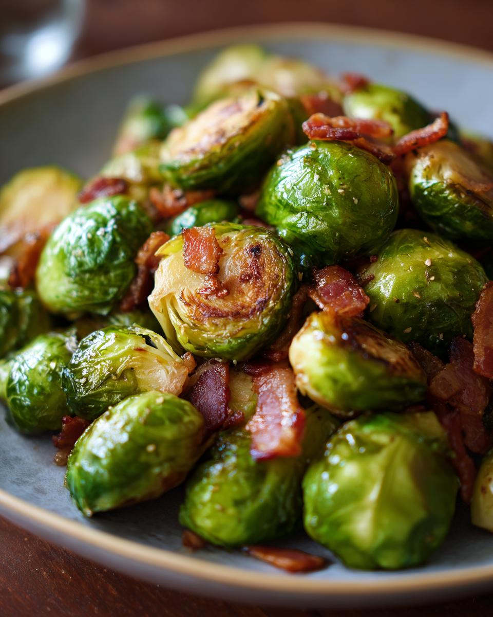 Close-up of roasted Brussels Sprouts with Bacon in a bowl, a delicious side dish.