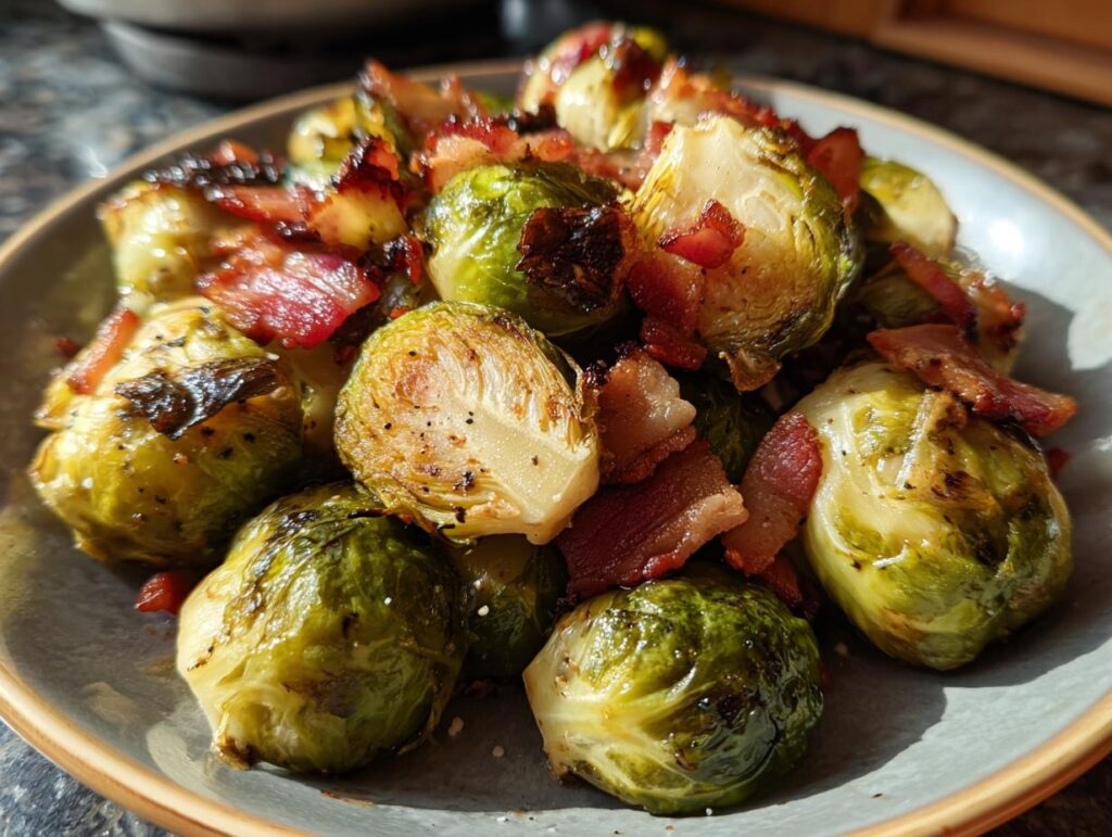 Delicious roasted Brussels Sprouts with Bacon served on a plate, ready to enjoy.