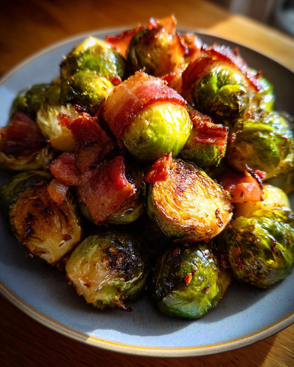 Close-up of roasted Brussels Sprouts with Bacon, a delicious side dish.