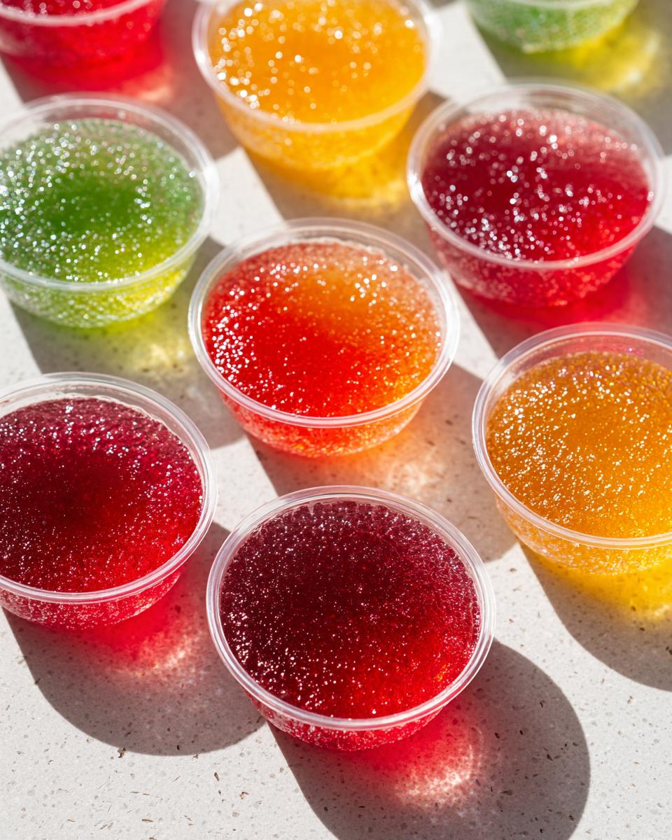 A vibrant assortment of bubbly champagne jello shots in red, orange, and green, served in clear plastic cups.