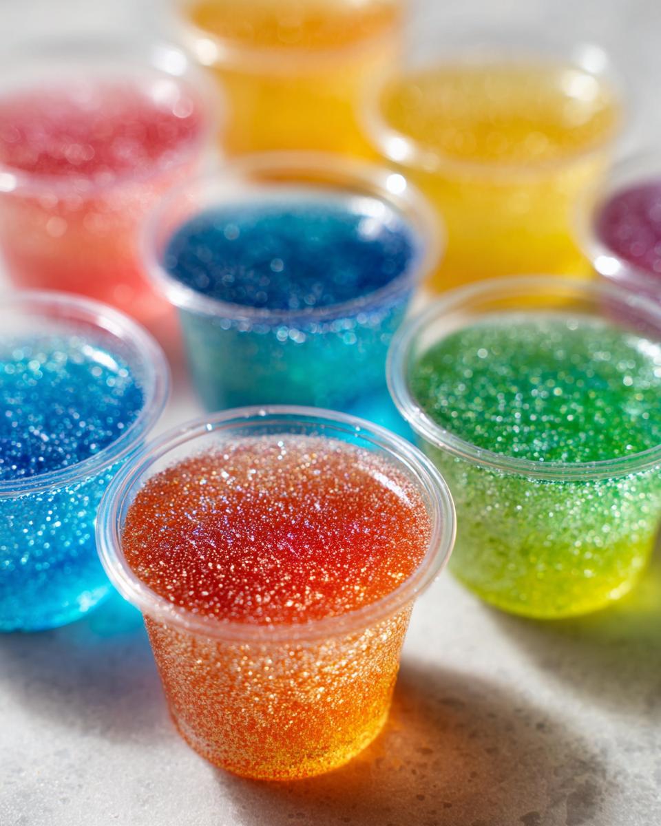 A close-up shot of several colorful, bubbly Champagne Jello Shots in clear plastic cups, with a sparkly, glittery texture.