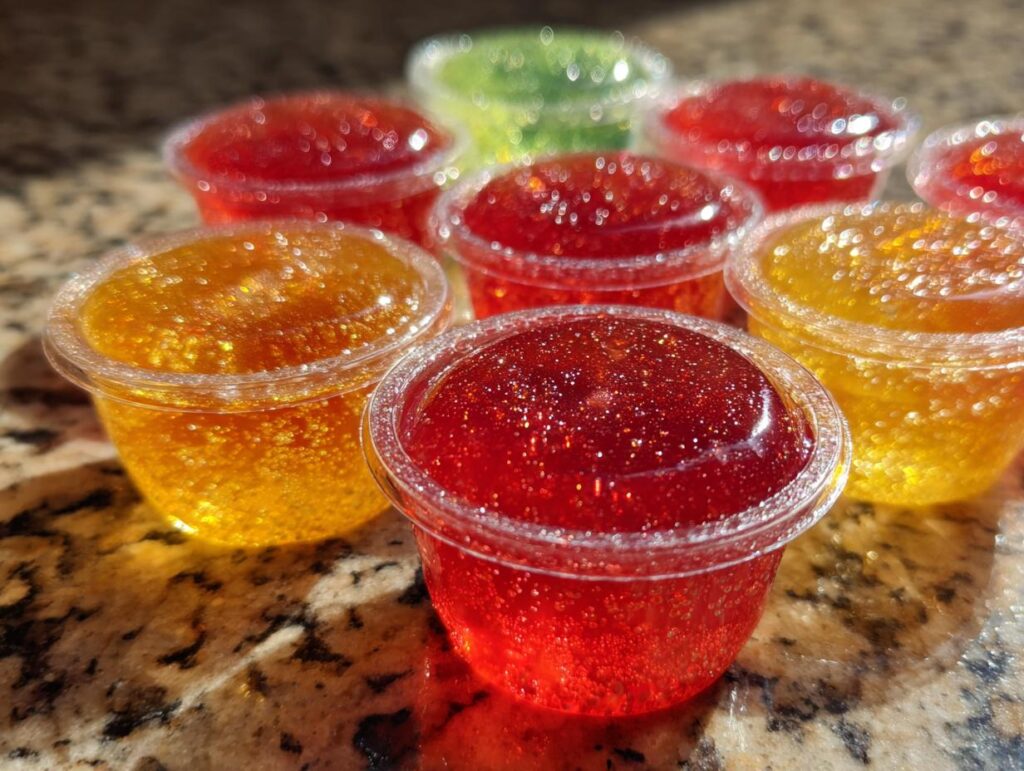 Close-up of several bubbly champagne jello shots in red and yellow, shimmering with edible glitter.
