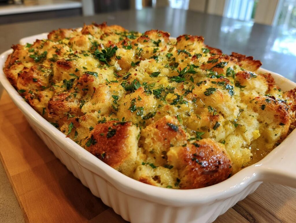 Close-up of a golden-brown Buttery Herb Stuffing baked in a white ceramic dish, topped with fresh parsley.