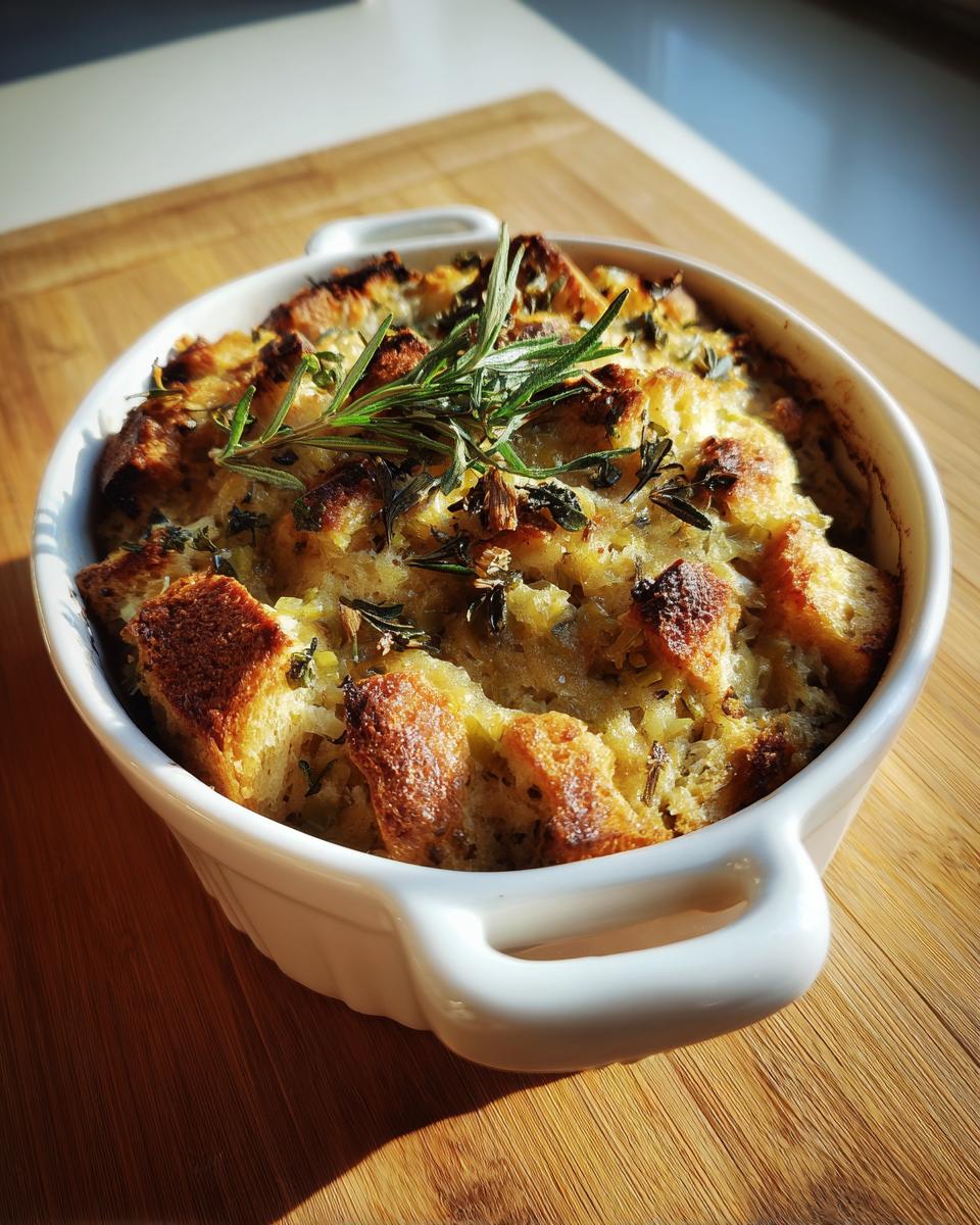Close-up of golden-brown Buttery Herb Stuffing baked in a white dish, garnished with fresh rosemary.