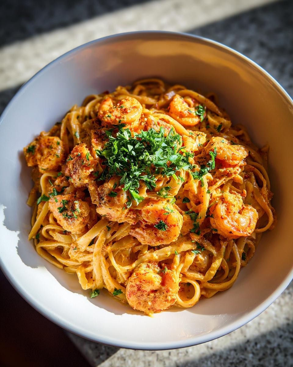Overhead shot of Quick Cajun Shrimp Pasta in a white bowl, garnished with parsley.