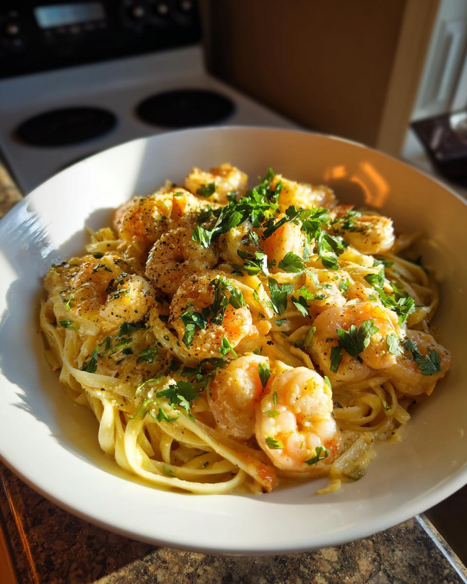 Close-up of a bowl of Quick Cajun Shrimp Pasta with shrimp and parsley garnish.