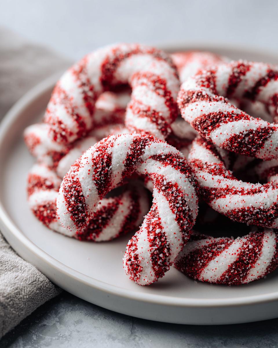 Close-up of festive candy cane cookies, striped red and white and coated in sugar.
