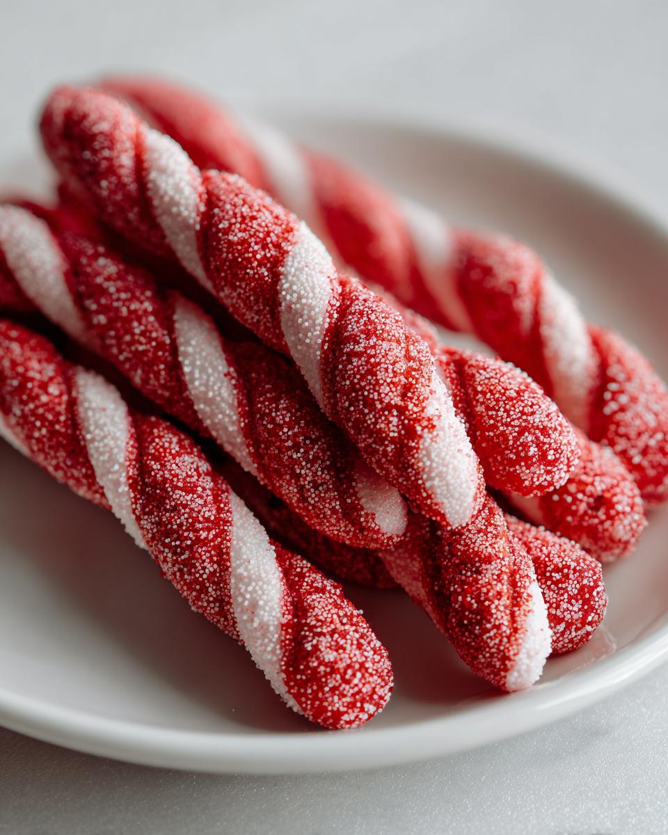 Close-up of twisted candy cane cookies, red and white striped, coated in sugar, on a white plate.