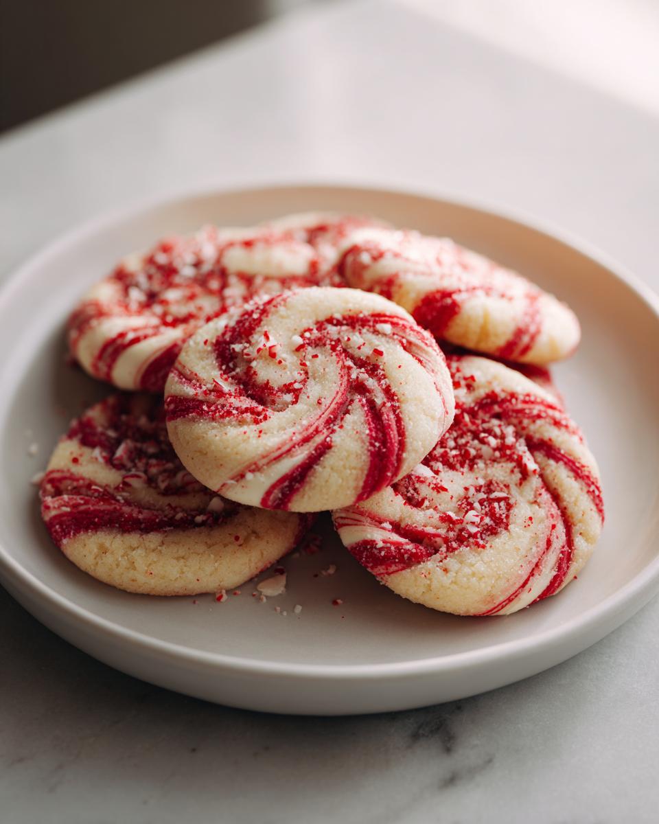A plate of festive candy cane cookies with red and white swirls and crushed candy cane topping.