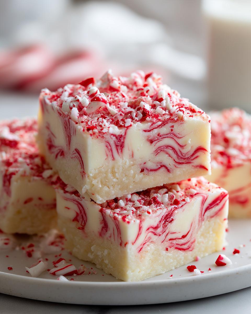 Close-up of delicious Candy Cane Fudge slices, swirled with red and white, topped with crushed candy cane pieces.