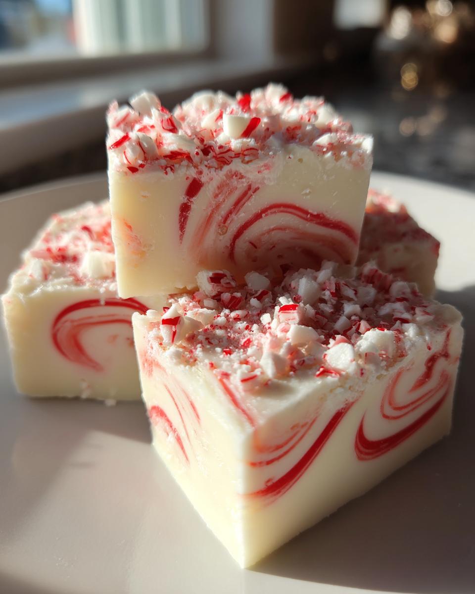 Close-up of three squares of white Candy Cane Fudge swirled with red, topped with crushed candy cane pieces.