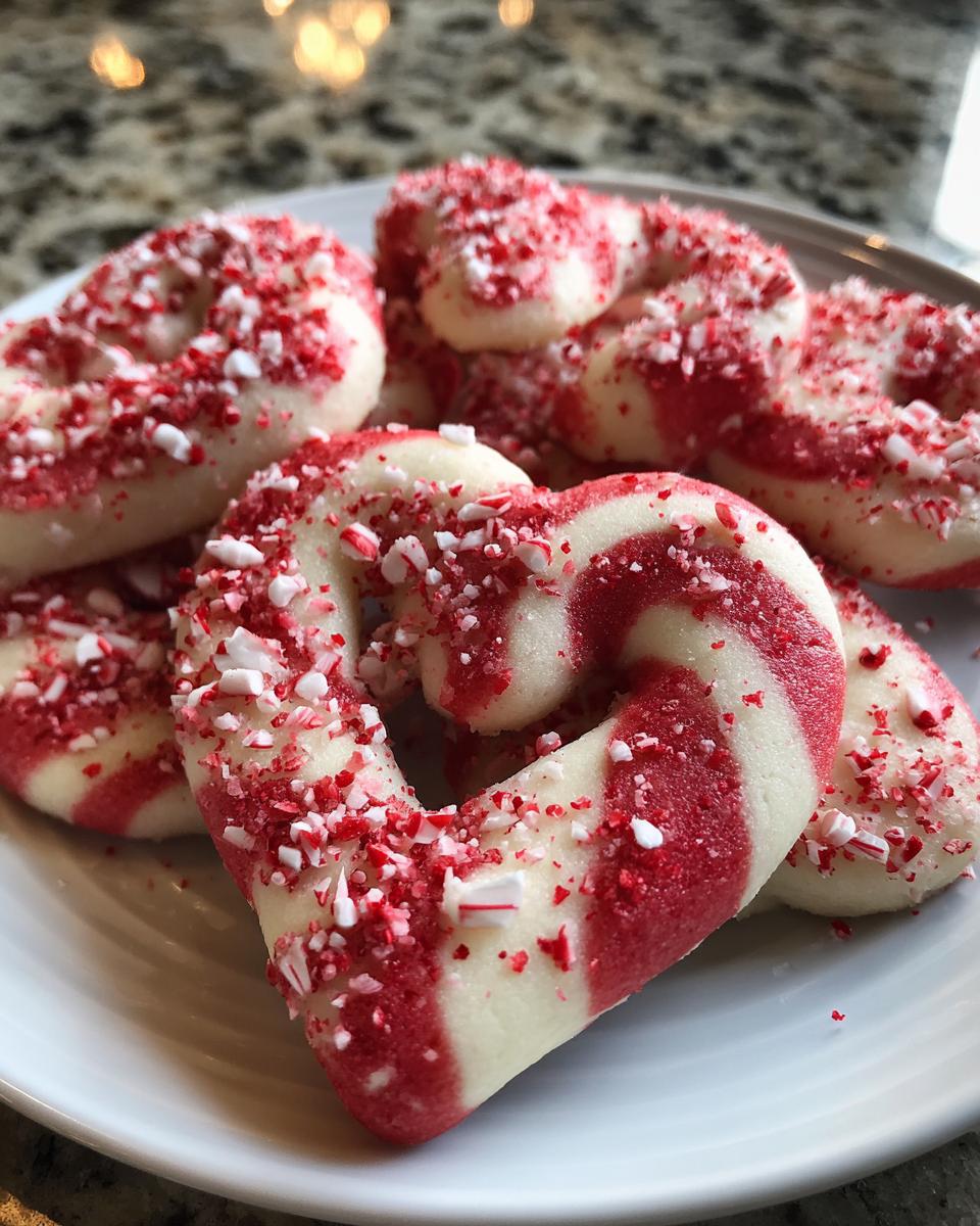 A close-up of festive Candy Cane Shortbread Cookies, swirled with red and white, and sprinkled with crushed peppermint candy.